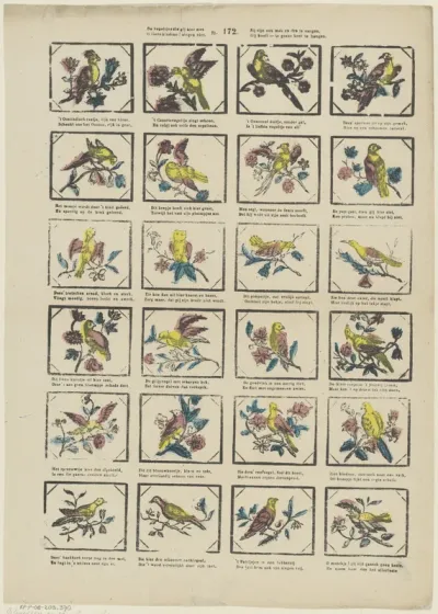 De vogeltjes die gij hier ziet / O lieve kindren! zingen niet, / Zij zijn ook mak en dra te vangen, / Gij hoeft ze in geene kooi te hangen