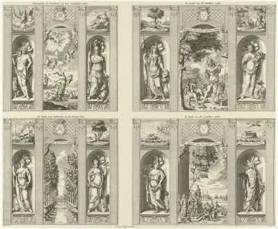 De voorstellingen op de zijden van de tempel in het vuurwerk te Leeuwarden bij de inkomst van het pasgetrouwde paar prins Willem IV en Anna van Engeland, 1734