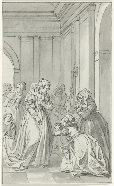 De vrouw en de moeder van Floris de Montmorency, baron de Montigny, smeken Anna van Oostenrijk om voorspraak voor Montigny, die in Spanje gevangen gehouden wordt.