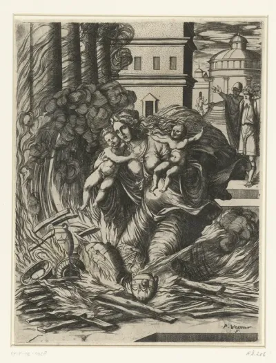 De vrouw van Asdrubal stort zich in de brandende tempel