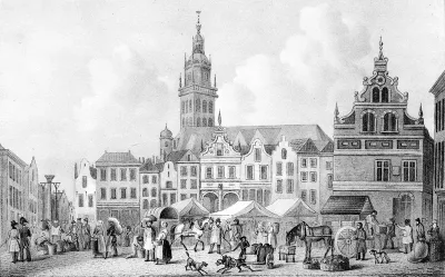 De westwand van de Grote Markt en de St. Stevenskerk; een steendruk van H.J. Backer