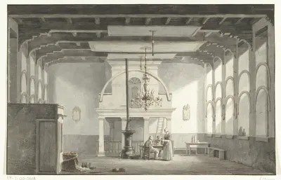 De zaal in de Kloveniersdoelen te Dordrecht waar de Nationale Synode in de jaren 1618-1619 gehouden is, 1836
