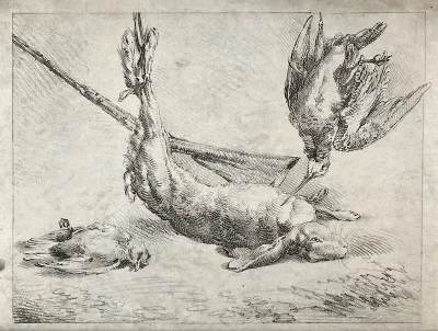 Dead game animals and birds, lying beside a rifle: a long-beaked bird and a hare are shown hanging by their feet, with another small bird lying on the ground