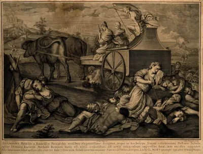 Death and three fates on an ox-drawn carriage; historical figures die on the ground beneath; representing the triumph of death