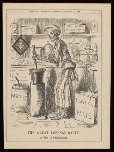 Death as a lethal confectioner making up sweets using arsenic and plaster of Paris as ingredients; representing the toxic adulteration of sweets in the 1858 Bradford sweets poisoning