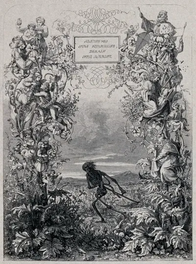 Death as a skeleton is about to cut down with a scythe two plants in which people are living