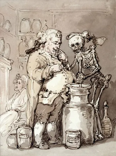 Death as an apothecary's assistant making up medicines with a mortar and pestle for the apothecary attending a female patient who sits by the fireside