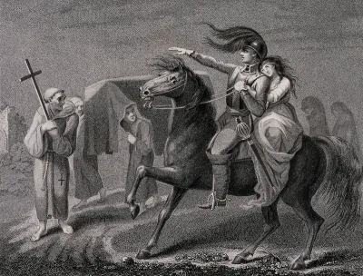 Death disguised as the knight William, accompanied by Lenore, encounters a funeral procession approaching a graveyard