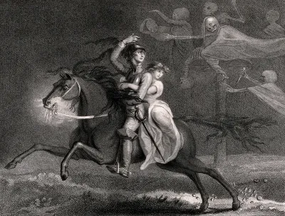Death disguised as the knight William and his lover Lenore ride past ghostly figures of Death