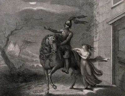 Death disguised as the knight William invites Lenore to ride with him