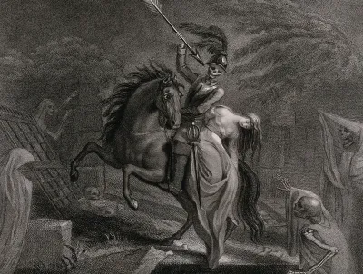 Death disguised as the knight William reveals himself as Death: Lenore is consigned to the grave