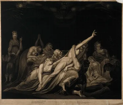 Death looms above a group of people inflicted with various physical and mental diseases - a lazar house