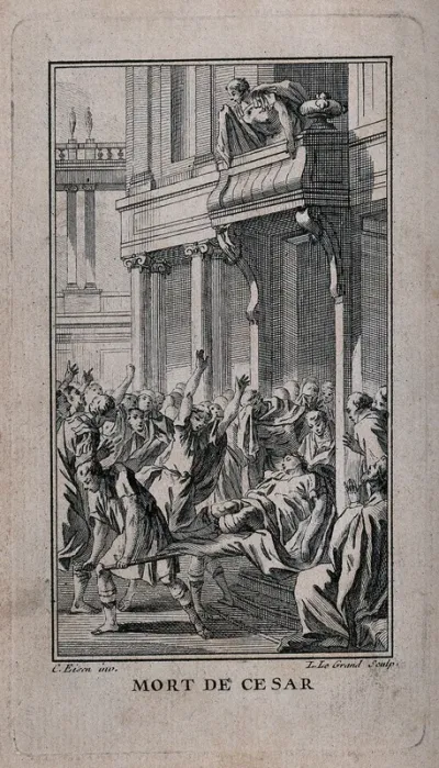Death of Caesar: Caesar is carried out of the Senate where he had been assassinated by a group of senatorial conspirators led by Cassius Longinus and Marcus Iunius Brutus on the ides of March