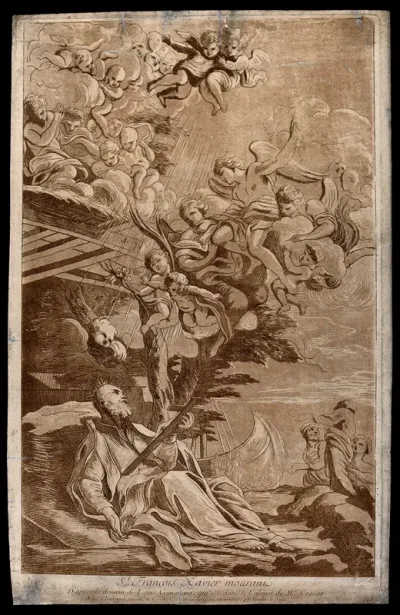 Death of Saint Francis Xavier, holding a crucifix and looking at the sky; angels and cherubs emerging from the clouds