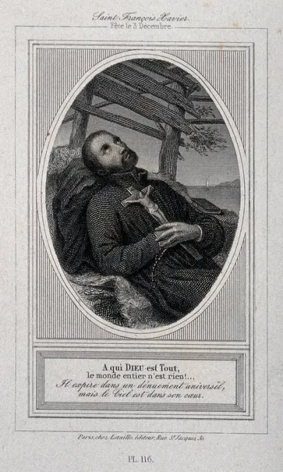 Death of Saint Francis Xavier, holding a crucifix and looking at the sky