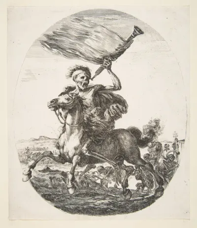 Death on horseback holding a trumpet, from 'The five deaths' (Les cinq Morts)