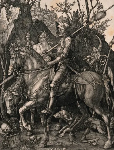 Death riding side by side with a knight followed by a devil