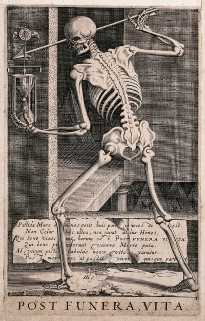 Death stands armed with spear and hourglass