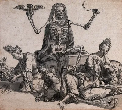 Death tramples on three female allegorical figures representing sensual pleasures
