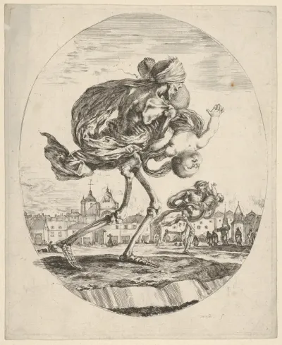 Death walking towards the right and carrying an infant upside down, another figure of Death to right in the middleground, the mass grave of Saints-Innocents in Paris in the background, from "The Five Deaths" (Les Cinq Morts)