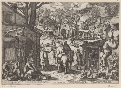 December: dorpsscène met herberg (steenbok)