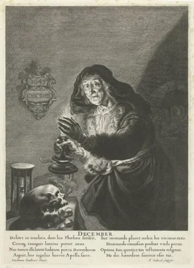 December: Oude vrouw bij kaarslicht