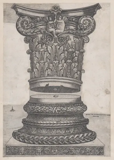 Decorated capital and base, from "Speculum Romanae Magnificentiae"