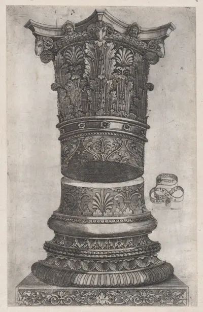 Decorated capital and base in the Temple of Jupiter, Rome, from "Speculum Romanae Magnificentiae"
