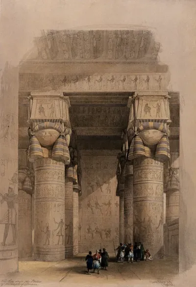 Decorated columns under the portico of the temple at Dendera, Egypt