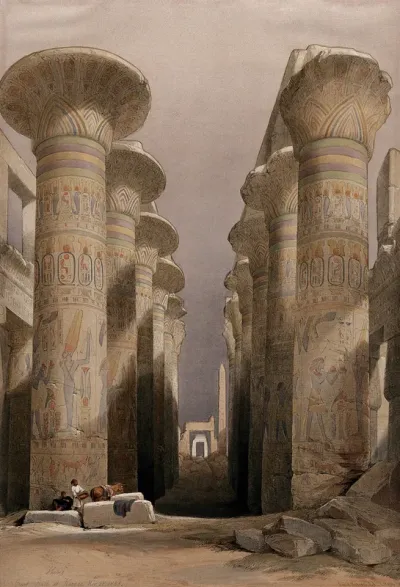 Decorated pillars of the temple at Karnac, Thebes, Egypt