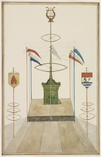 Decoratie om en bij de Pomp op de groote markt te Middelburg, bij gelegenheid van het binnen die Stad gehouden XVII Landhuishoudelijk Congres, van den 17-21 Juny 1862. Uit de Societeit te zien, op den 21 Mei 1862