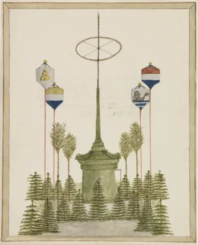 Decoratie rondom de Pomp op de groote markt te Middelburg, bij de komst van Z.M. de Koning Willem III binnen die Stad, op den 21 Mei 1862
