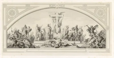 Decoratie van de troonzaal in "Le Luxembourg". Allegorie op de invoering van het Christendom in Europa. In het midden drie engelen een kruis plaatsende op het voetstuk van een omvergeworpen beeld van Jupiter