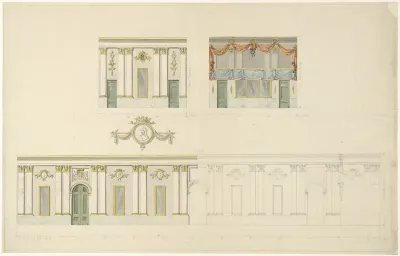 Decoratie van de zaal van het Besjeshuis, bij het bal ter gelegenheid van de inhuldiging van koning Willem I, april 1814