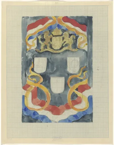 Decoratief ontwerp met het rijkswapen, vlaggen en vaandels
