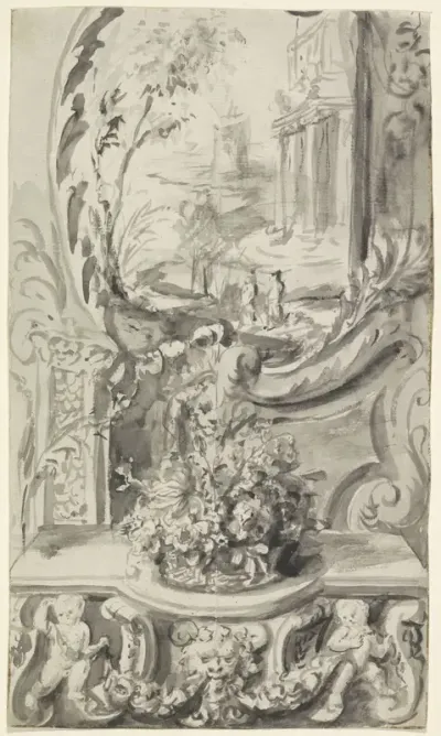 Decoratief ontwerp met putti en bloemen