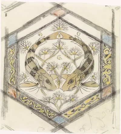Decoratief ontwerp met twee vissen in een zeshoek