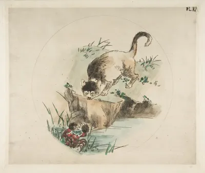 Decoration for a Plate: A Cat Hunting a Crab