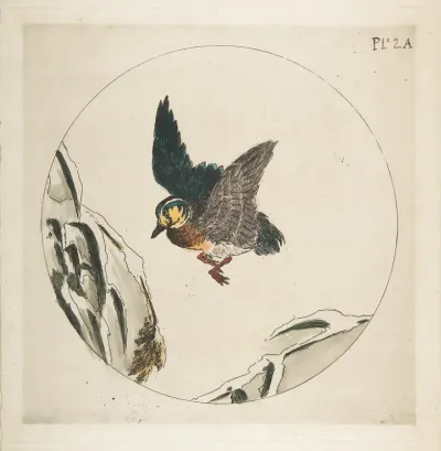 Decoration for a Plate: A Duck flying over Snow-covered Branches