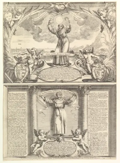 Decoration for a Thesis in Honor of Saint Francis Solano in two parts: the top part with Saint Francis Solano, arms raised and a sun in his hands, Mount Potosí at right; lower part with the doctor of the church holding a banner and two putti below