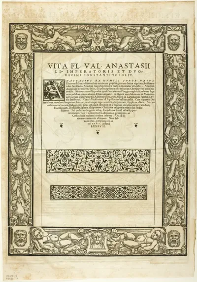 Decorative Border (recto) and Portrait of Emporer Anastasius (verso), plate nine from Woodcuts from Books of the XVI Century