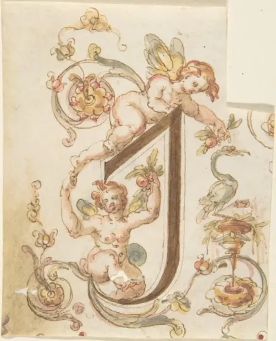 Decorative Letter "I" with Putti (Embroidery Design?)