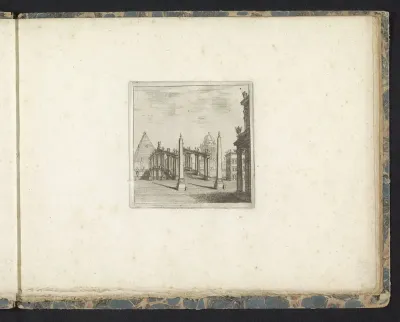 Decorontwerp met een brug, obelisken en een piramide