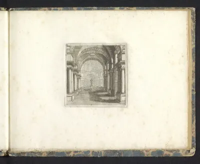 Decorontwerp met een interieur van een tempel met een sculptuur