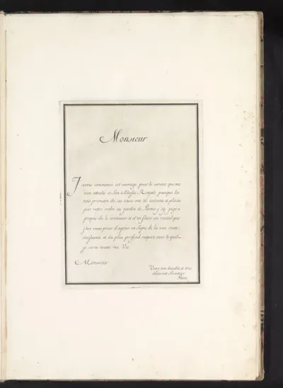 Dedicatieblad voor Suite des Vases met benoeming van de opdrachtgever en vervaardiger