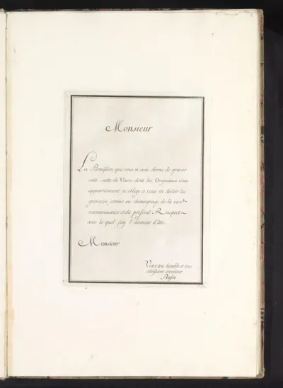 Dedicatieblad voor Suite des Vases met benoeming van de opdrachtgever en vervaardiger