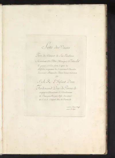 Dedicatieblad voor Suite des Vases met benoeming van de opdrachtgever en vervaardigers