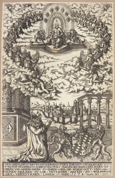 Dedikationsblad med Albrecht V., der knæler for Kristus