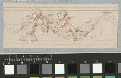 Deel van een fries met twee putti die een bladguirlande dragen