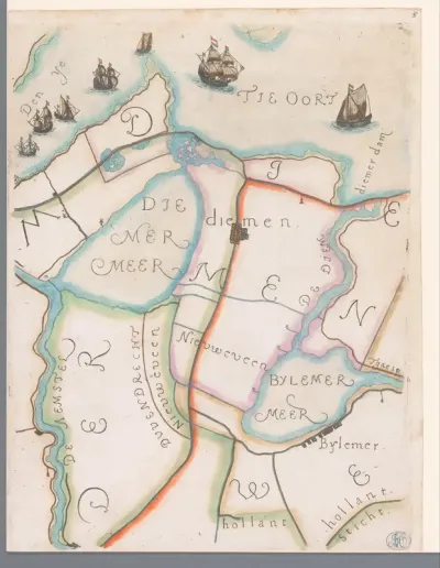 Deel van een kaart van het Hoogheemraadschap van Rijnland, met Diemen en omgeving